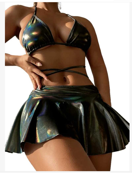2024 European and American bestseller three-piece swimsuit set: Solid color gilded shiny, sexy lace-up bikini mini skirt pic 2