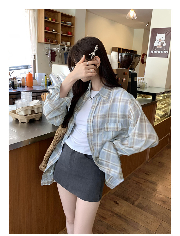 法式设计感小衫蓝色格子防晒衬衫女2024秋季新款女装小清新bm上衣详情12