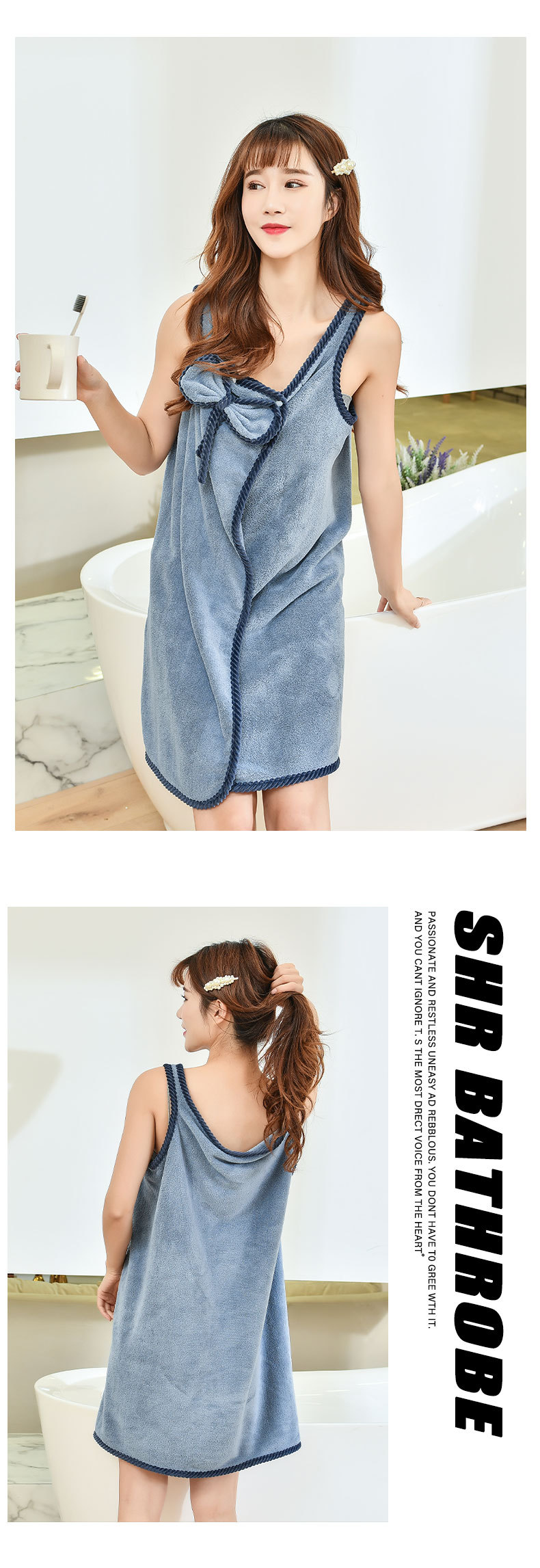 The warp knitted polyester fabric is soft and skin-friendly. It can be worn as a halter bath dress, a water-absorbing and cute bow bath towel, and a versatile bath towel and bathrobe pic 11