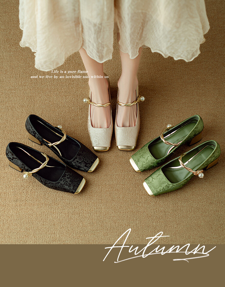 新中式国朝风单鞋2024春季新款百搭复古法式粗跟方头浅口女士单鞋详情1