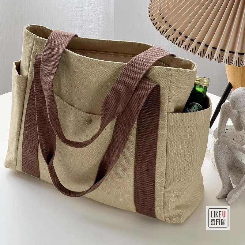 帆布包包女手提袋单肩包大学生百搭手提包通勤大容量补课袋多口袋详情39