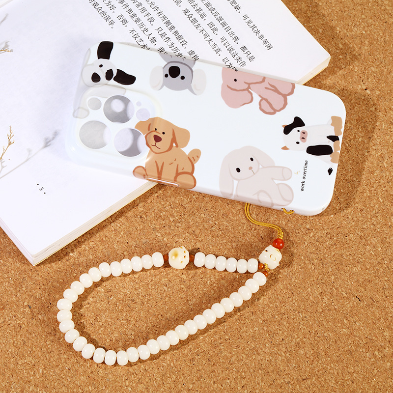 White jade Bodhi root multi-treasure prayer beads mobile phone chain, retro olive ring pendant, anti-loss creative car bag pendant pic 13
