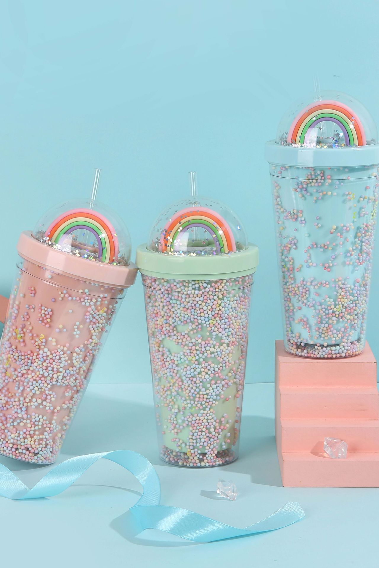 Student foam seven-color plastic cup, outdoor portable and cute water cup, Internet celebrity high appearance level creative rainbow straw cup pic 7