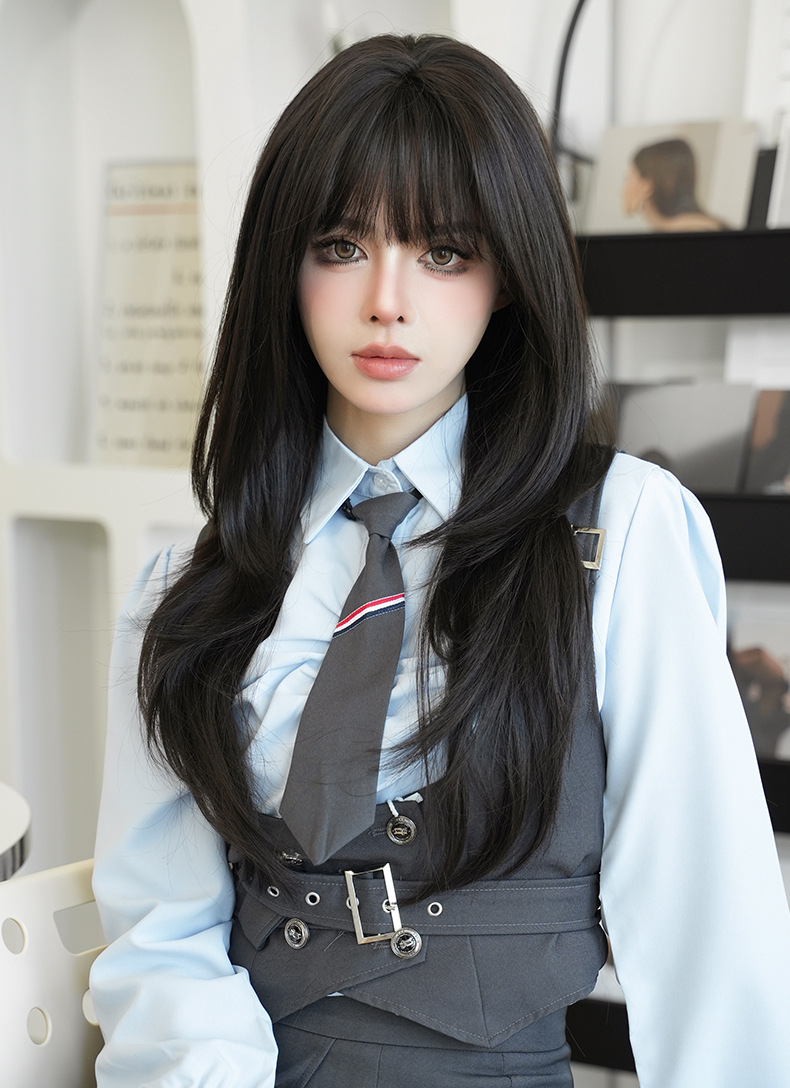 Cross-border spring new product wig for women, long straight hair with inwardly fastened ends, simulated chemical fiber head cover, full set of wig wholesale pic 1