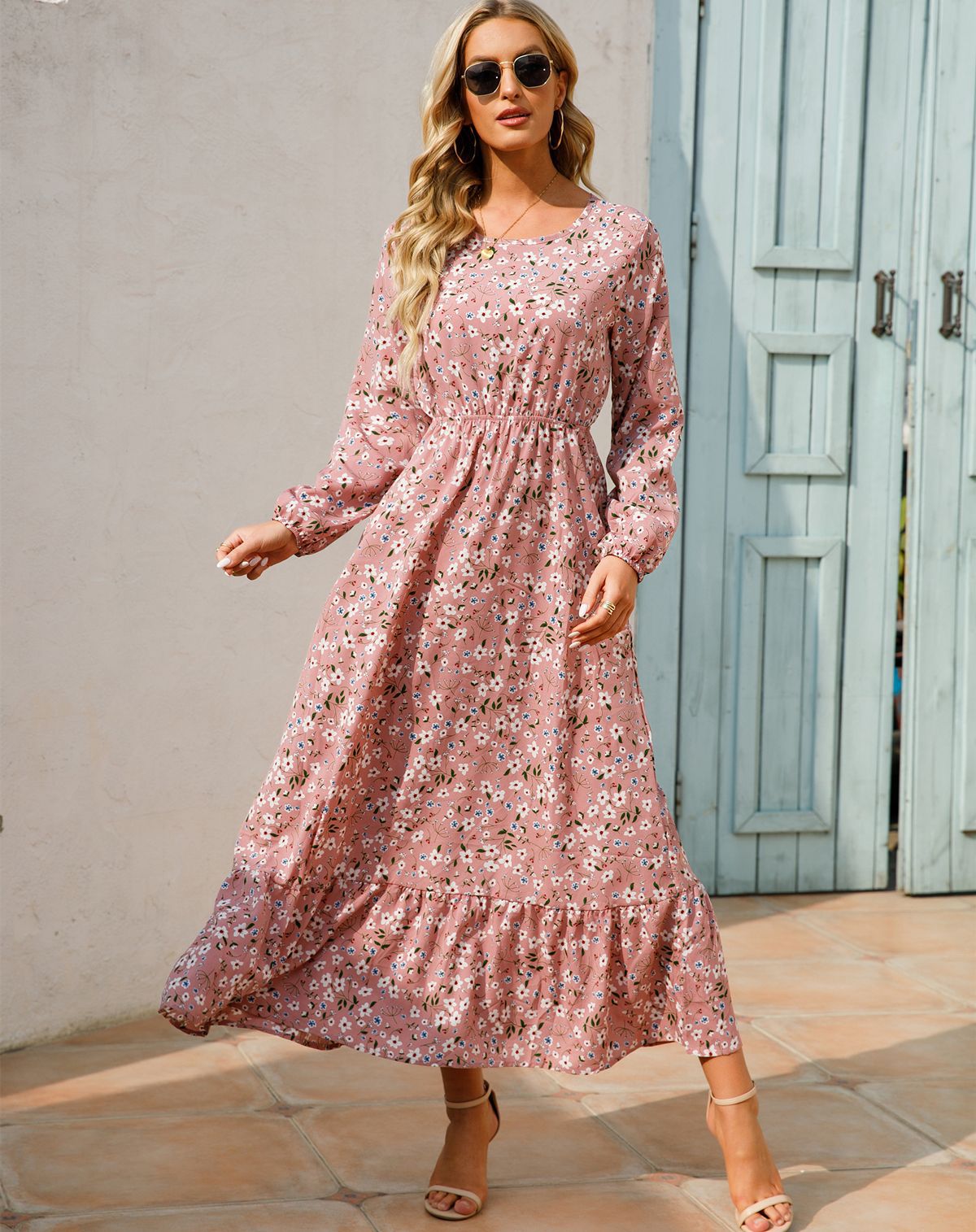European and American floral long, round-neck, long-sleeved, waist-cinching and slimming dress pic 2