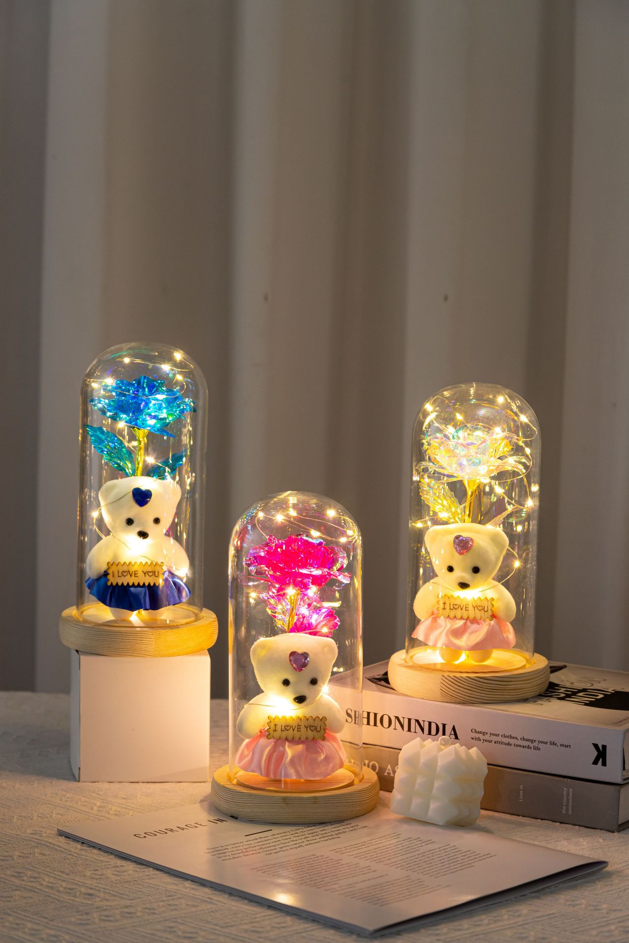 玻璃罩玫瑰花仿真摆母亲节礼物金箔花泡沫熊灯发光装饰品创意摆件详情8