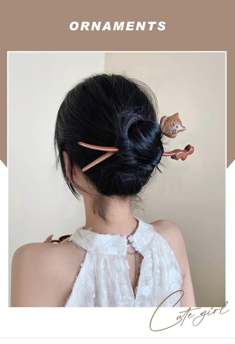 国风国潮可爱猫咪发簪女古风新中式木质发张簪子u型发钗檀木小众木簪头饰详情1