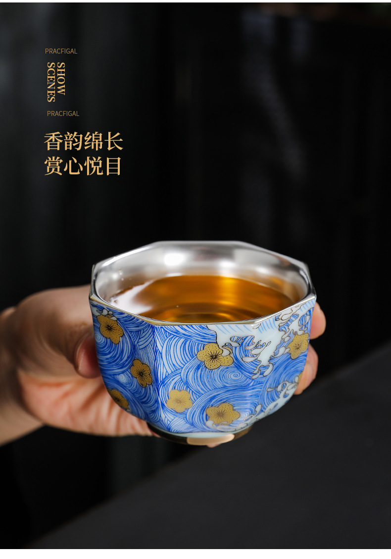 土器珐琅彩银杯子茶杯陶瓷功夫主人杯金银陶瓷鎏银品茗杯伴手礼品详情5