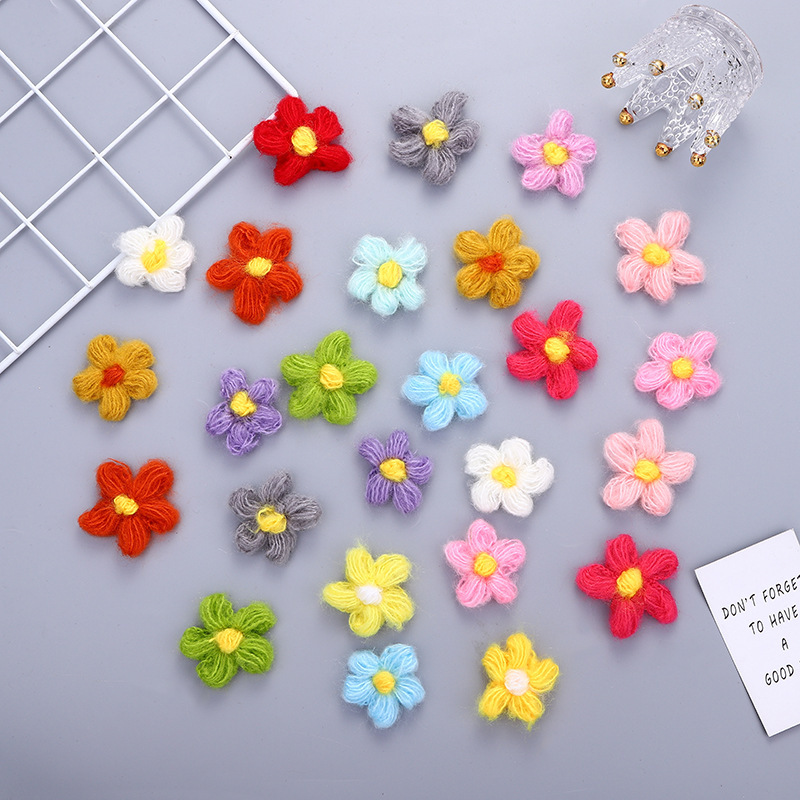 现货手勾针织泡芙花五瓣花DIY毛线花朵发夹胸花装饰服装辅料配件详情3
