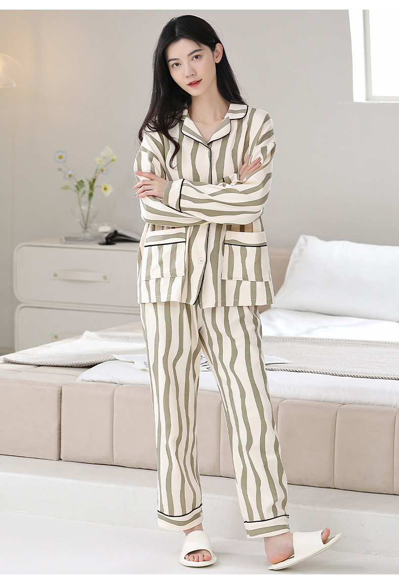 纯棉女士睡衣女春夏新款100%棉斑马纹长袖开衫休闲家居服套装详情11