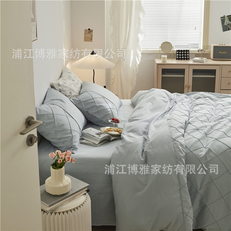Wholesale of high-quality three or four-piece sets of washed cotton 40-count hand-knitted rhombus-shaped checkered plain pure cotton bedding pic 45