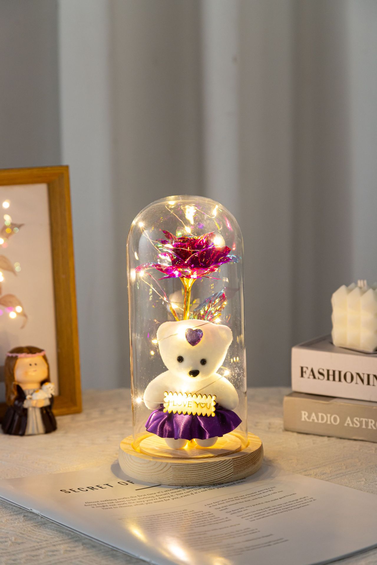 玻璃罩玫瑰花仿真摆母亲节礼物金箔花泡沫熊灯发光装饰品创意摆件详情13