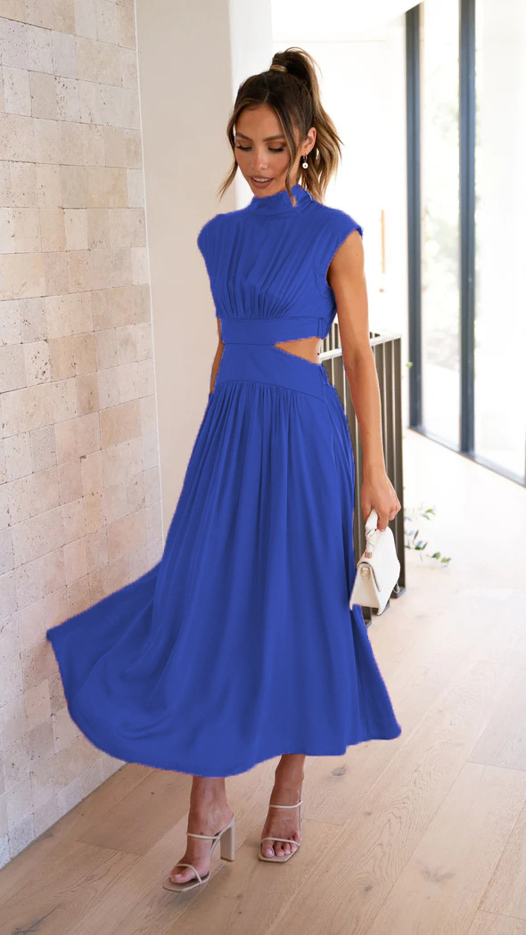 A sweet and fashionable summer stand-up collar macaron-colored waist-exposing long dress from Europe and America in 2023 pic 19