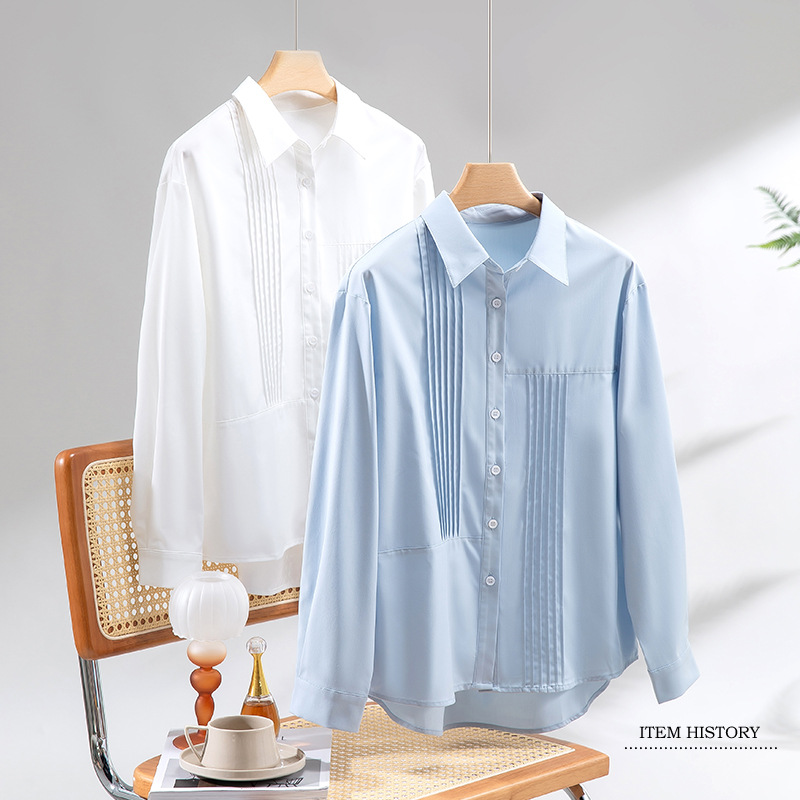秋季女士纯色衬衫Polo领日系设计感上衣新款宽松复古百搭衬衣开衫详情1