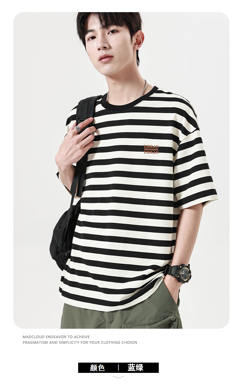 古川男装|2024夏季新款提花条纹短袖男宽松圆领套图百搭学生半袖详情11