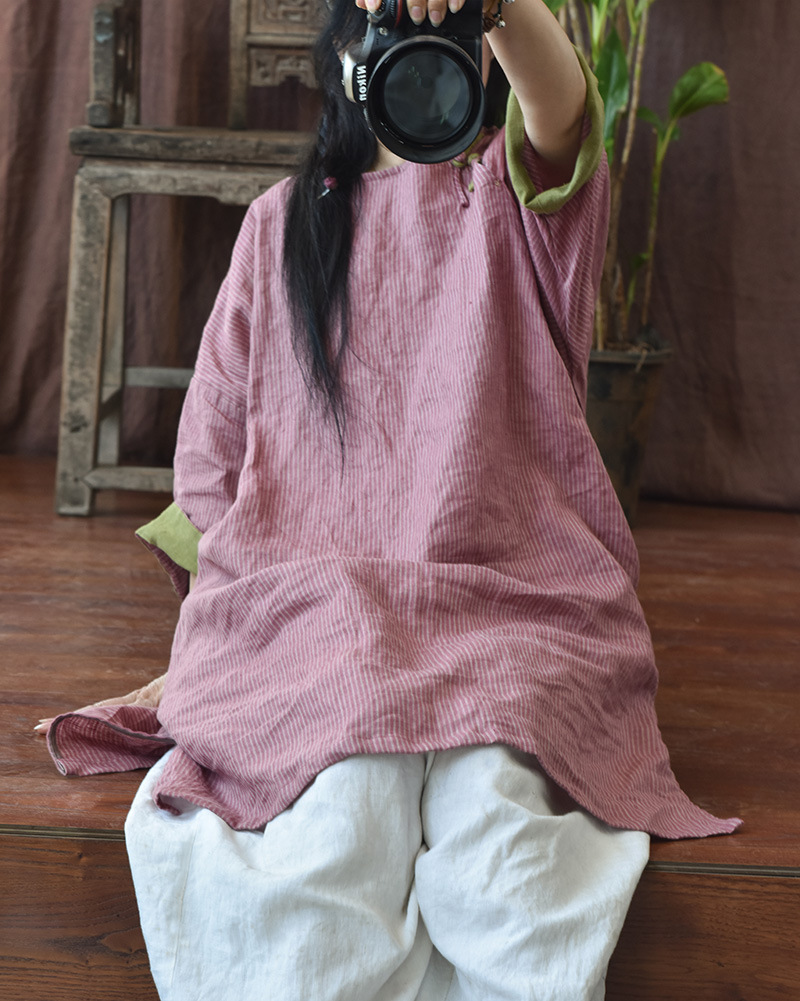 Hyacinth/Original striped contrasting color diagonal lapel hand-sewn button-up retro loose robe patchwork mid-length dress pic 3