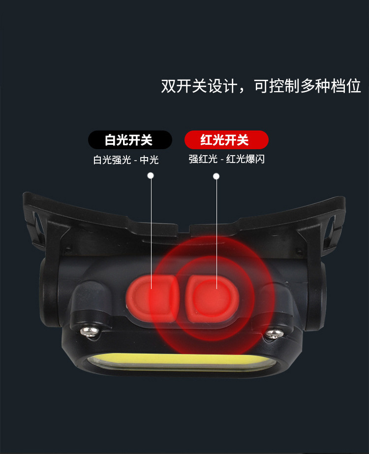 Cross-border bestseller COB+LED dual-light source lamp, USB charging red and white light charging headlamp, night running and fishing headlamp pic 7