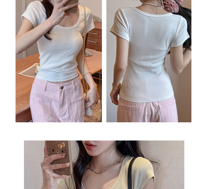 螺纹大圆领正肩短袖t恤女式夏季内搭显瘦高级感纯欲T恤上衣打底衫详情16