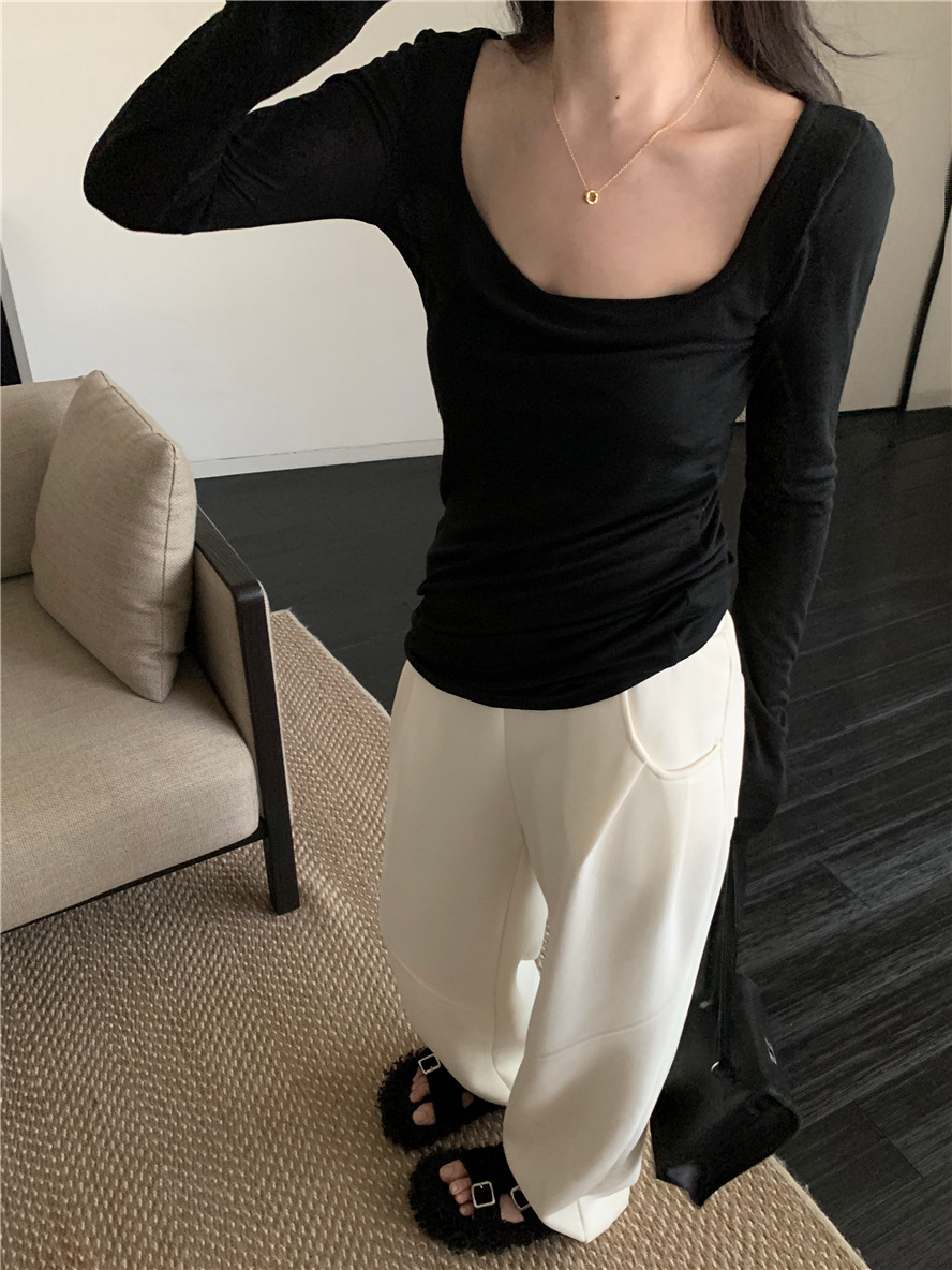 基础款纯色简约百搭舒适慵懒风薄款上衣U领打底衫内搭长袖t恤女详情28