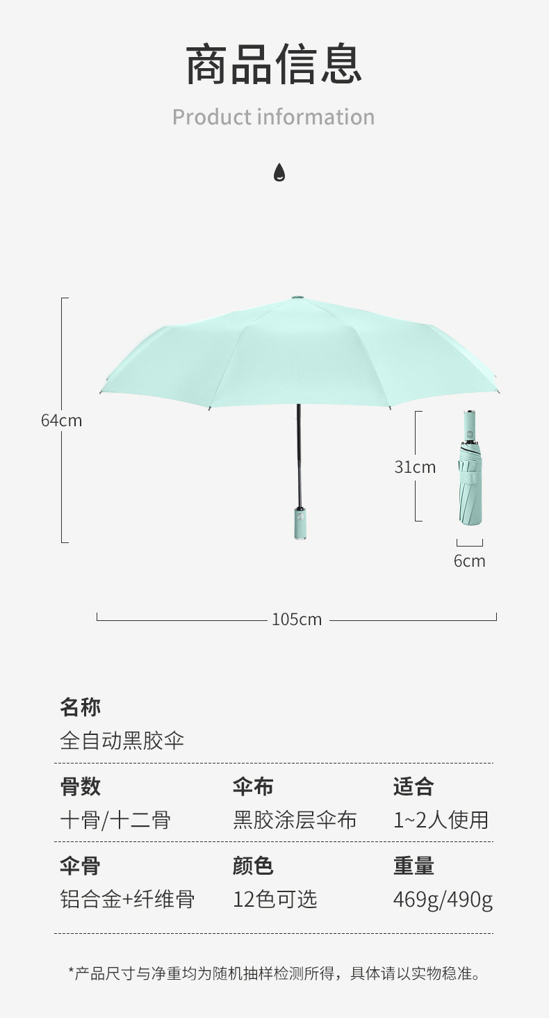 Creative three-fold 12-bone umbrella, fully automatic umbrella with logo printing, advertising umbrella, business black rubber protective 嗮 sunshade umbrella pic 15