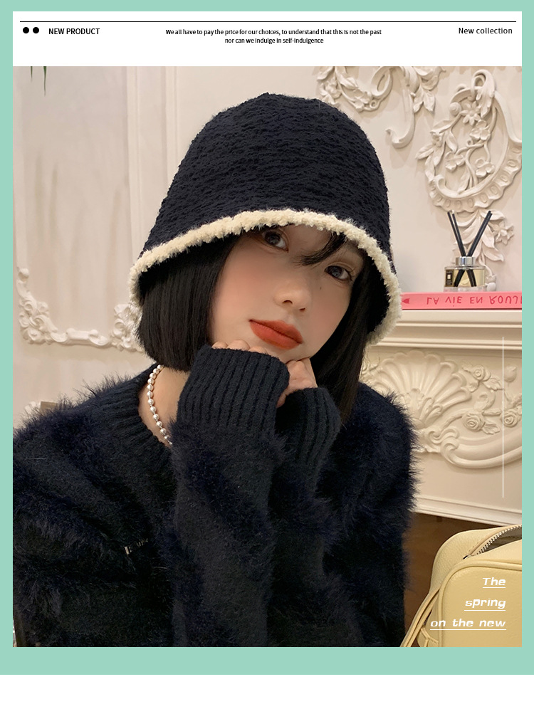 黑色针织毛绒渔夫帽女秋冬季韩版大头围水桶帽日系百搭显脸小帽子详情1