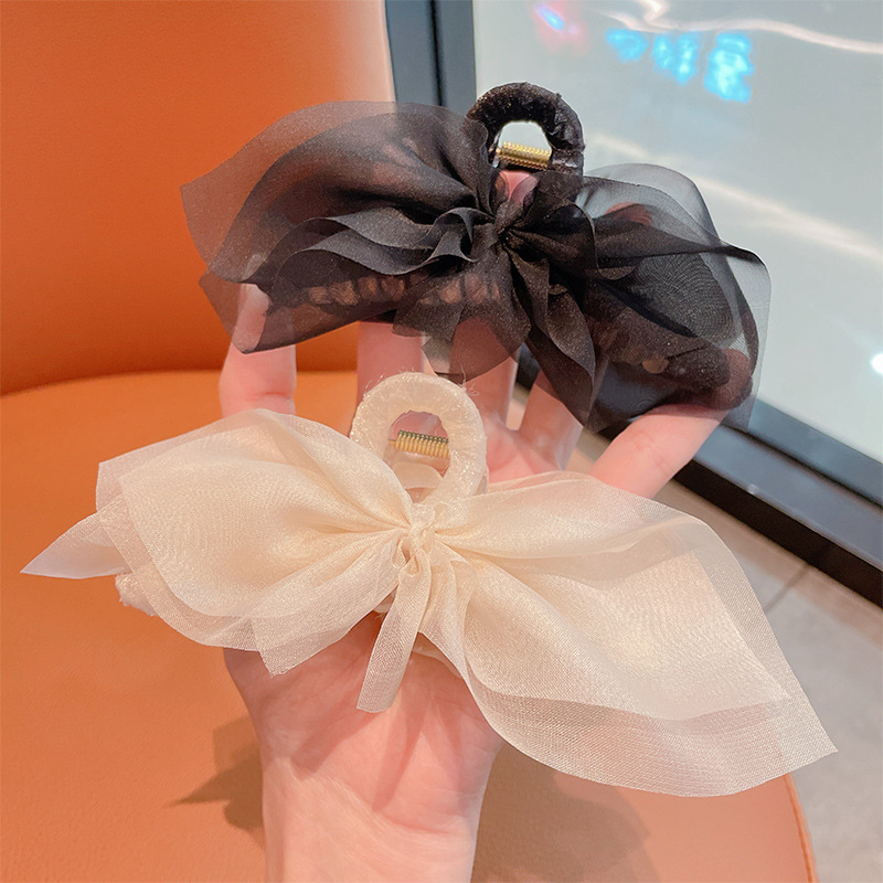 Summer new double-sided feather mesh bow clip, sequined princess on the run hair clip, black lace shark clip pic 1