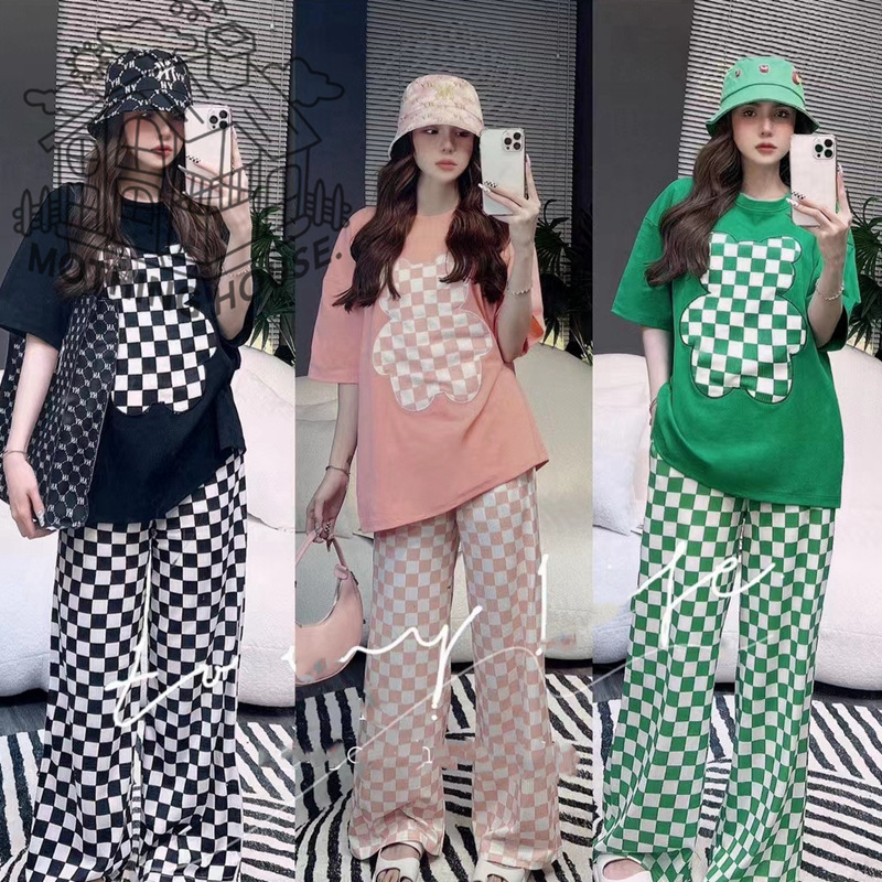 Cross-border bestseller fashion set: New loose student embroidered bear checkered wide-leg pants, casual two-piece summer pic 2