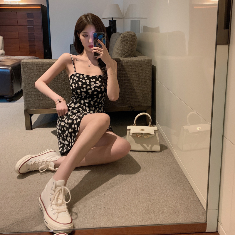 2020新款夏季小雏菊印花少女露肩雪纺吊带裙中长款系带显瘦连衣裙详情17