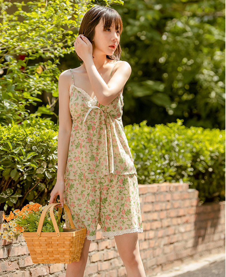 Summer fairy style pajamas for women, thin halter shorts set, Korean style Instagram cute and fresh floral home wear pic 6