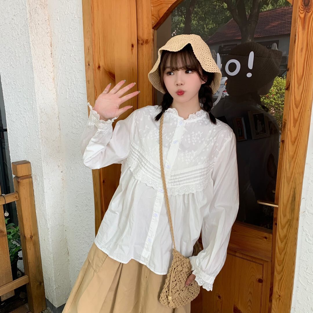 Embroidered shirt 2023 early autumn new style, fresh and simple lace trim top, sweet long-sleeved base layer for women 8326 pic 3