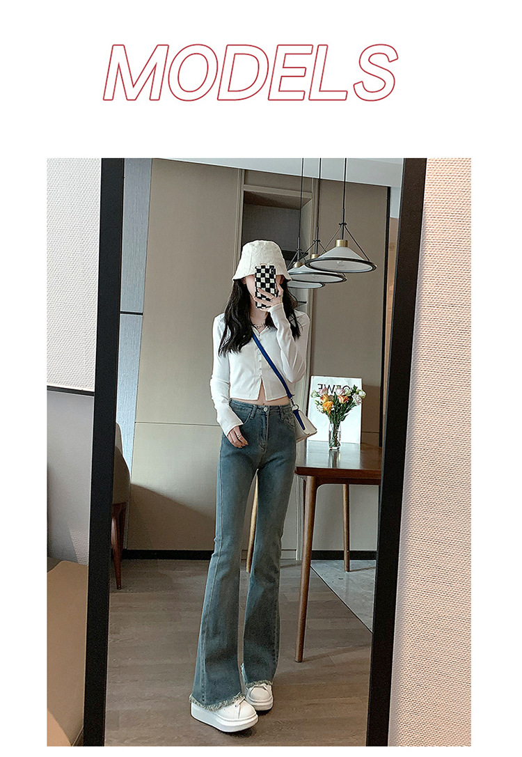 韩版复古高腰毛边微喇裤女2024秋季新款弹力修身显瘦喇叭牛仔裤子详情14