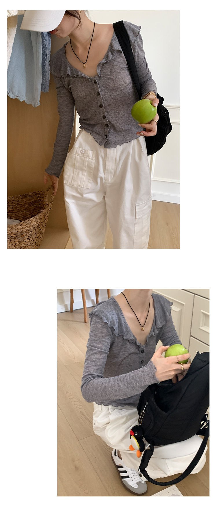 【法式别致的】木耳边V领T恤女2023秋季新款休闲百搭长袖开衫上衣详情23