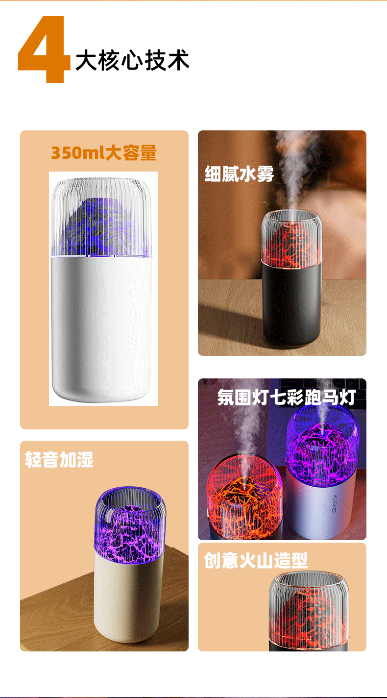 跨境新款仿真火焰加湿器创意七彩氛围灯大雾量补水车载雾化加湿器详情8