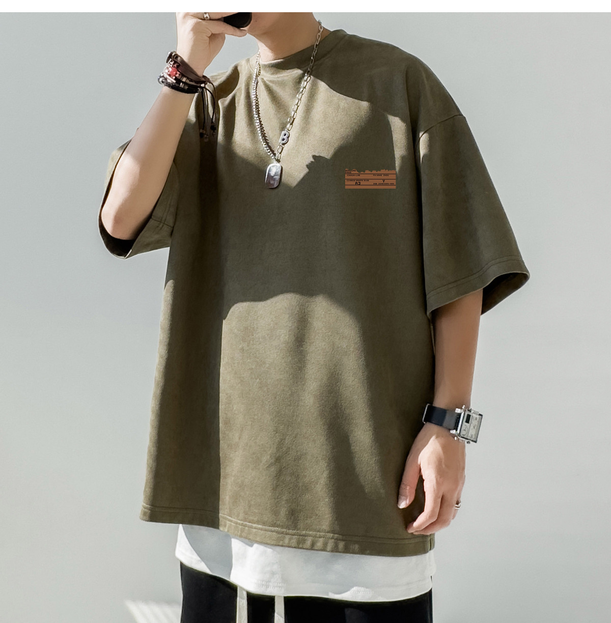 简恒咖色重磅美式复古男士短袖t恤夏季男款百搭仿麂皮绒定制T恤潮详情16