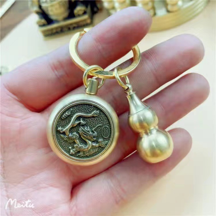 Pure copper retro 12 Chinese zodiac money transfer keychain, handcrafted brass cinnabar handle, car key chain pendant pic 6