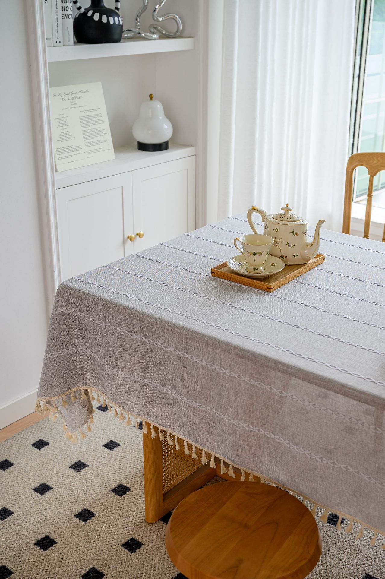 Cross-border three-dimensional embroidered striped tablecloth, popular black solid color, white cotton and linen tablecloth cover, fabric outdoor party pic 78