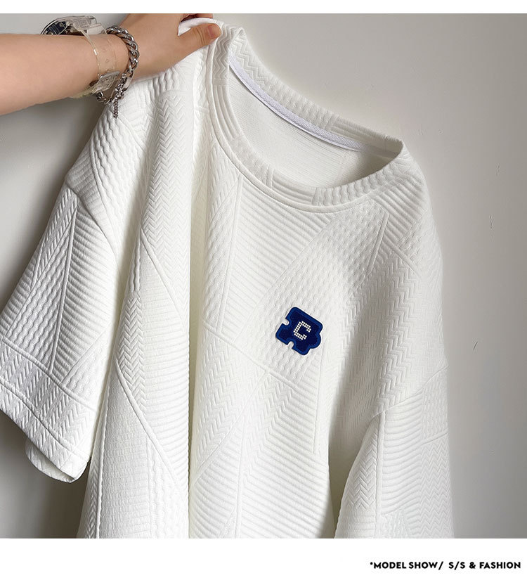 控48 夏港风重磅高克重圆领短袖华夫格男T恤休闲百搭小清晰详情13