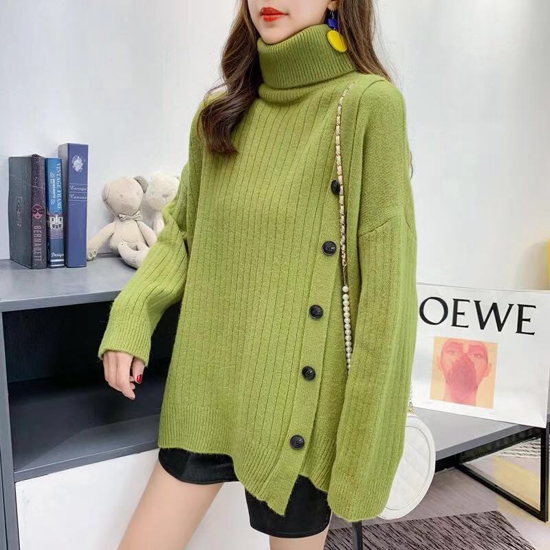 A new Korean style high-neck sweater for women in the autumn and winter of 2023, a loose and laid-back mid-length irregular knitted top pic 4