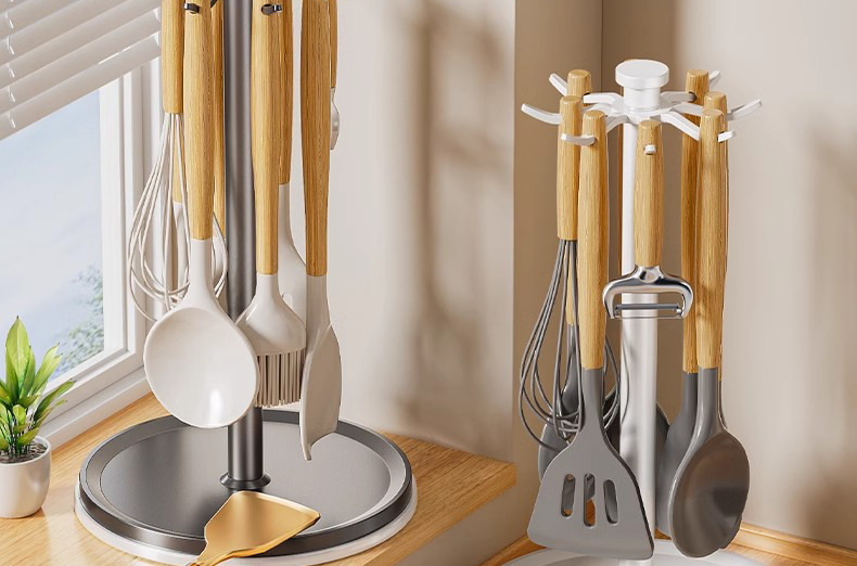 Rotating spatula rack countertop, household kitchen hook storage rack, hanging spoon and spatula stand, soup spoon and kitchenware storage rack pic 2