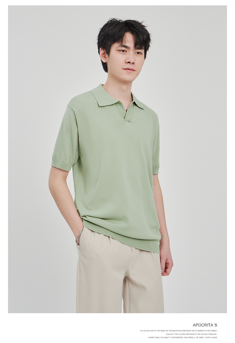 APO男装|简约针织短袖t恤男士2024夏季新款纯色设计垂感POLO衫男详情9