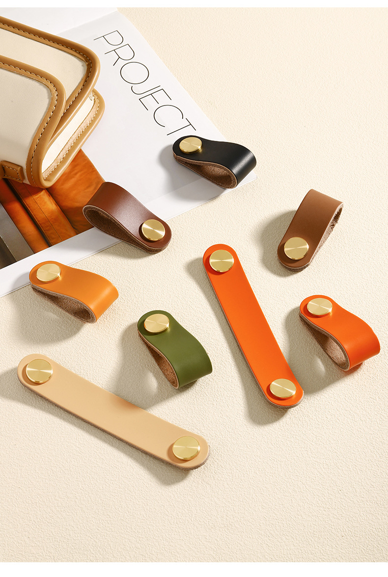 Direct sales from the manufacturer of cross-border colored brass leather handles for kitchen and wardrobe door leather handles, buttons, and leather material storage box handles pic 69