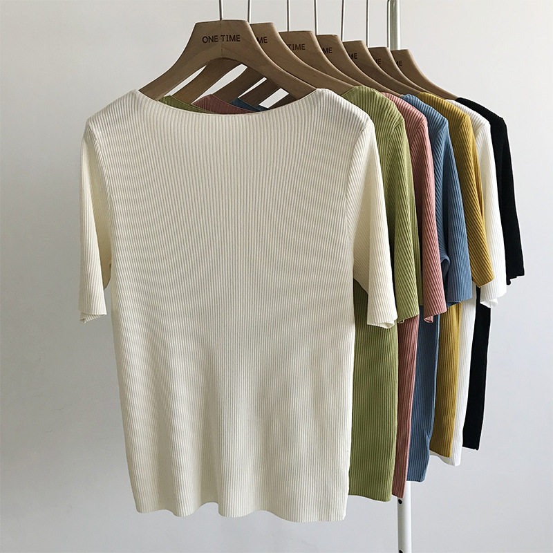 2021春秋新款百搭宽松一字领冰丝内搭针织上衣中袖T恤详情6