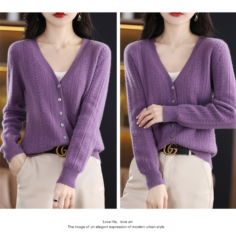 绒狼2023秋冬新款女士V领羊毛针织麻花开衫宽松长袖短款外套女详情20