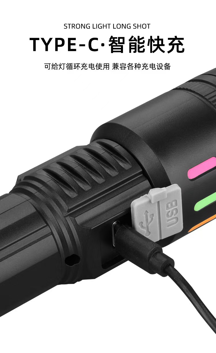 A new portable outdoor high-intensity flashlight with adjustable focusing, battery level display and red and blue light warning pic 6