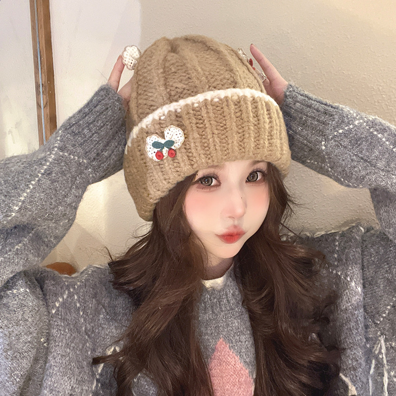 甜美毛线帽女秋冬保暖冷帽显脸小针织帽子可爱加绒女士护耳套头帽详情6