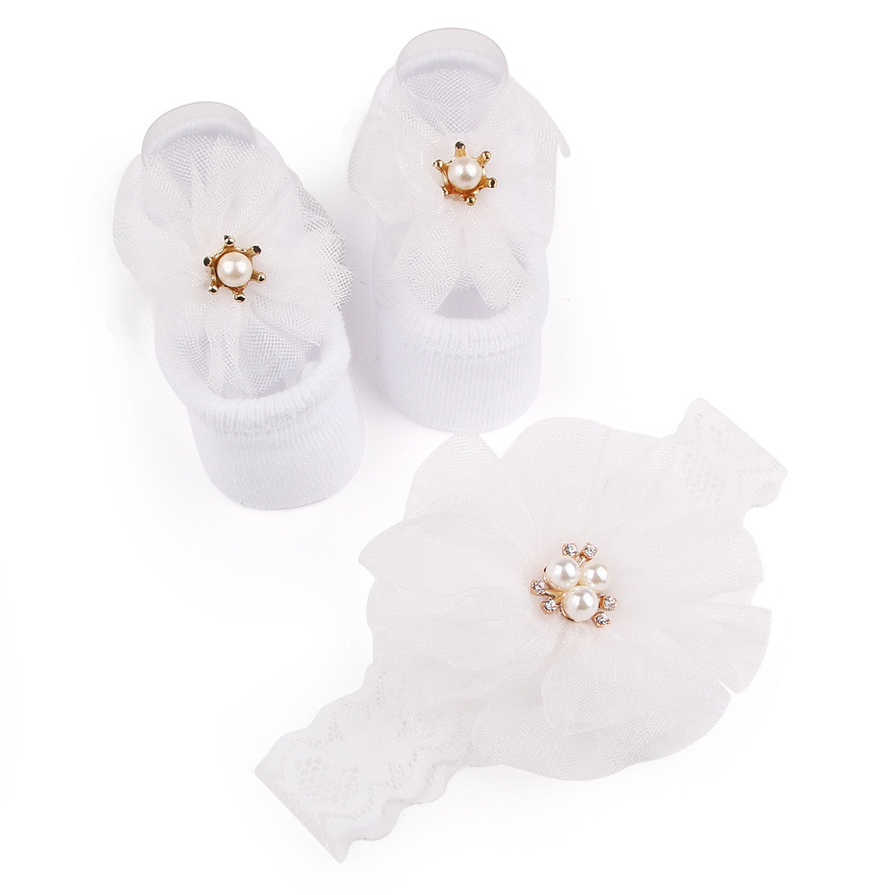 New solid color lace European and American baby socks Bow princess cute baby socks hair band set 2619 pic 13