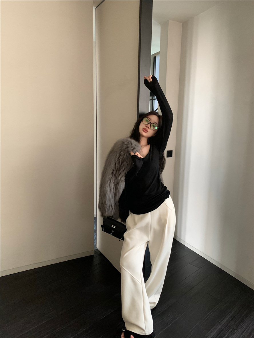 基础款纯色简约百搭舒适慵懒风薄款上衣U领打底衫内搭长袖t恤女详情30