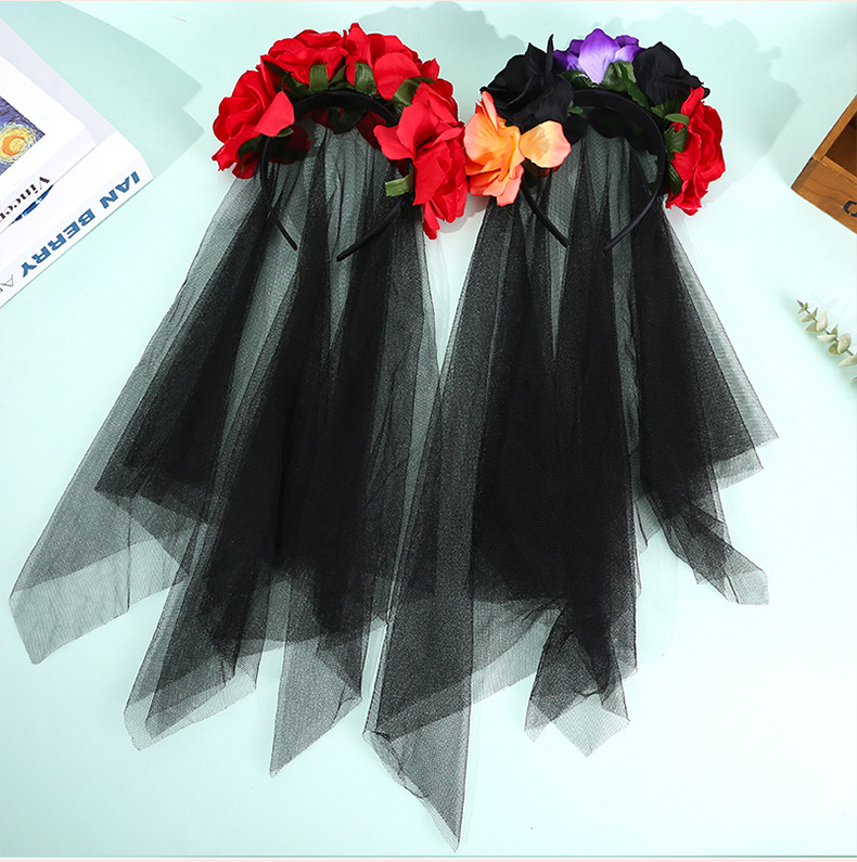欧美风格万圣节派对专用暗黑女巫装扮发箍 红黑玫瑰花朵头纱亡灵节头扣 配饰围巾详情4