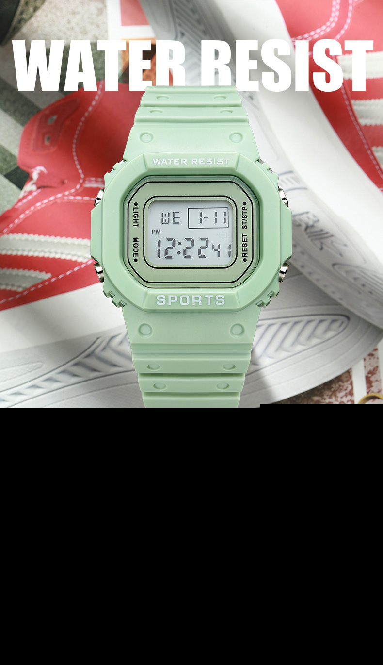 Foreign trade student sports electronic watch for men and women, multi-functional luminous alarm clock, waterproof matcha green small square electronic watch pic 1