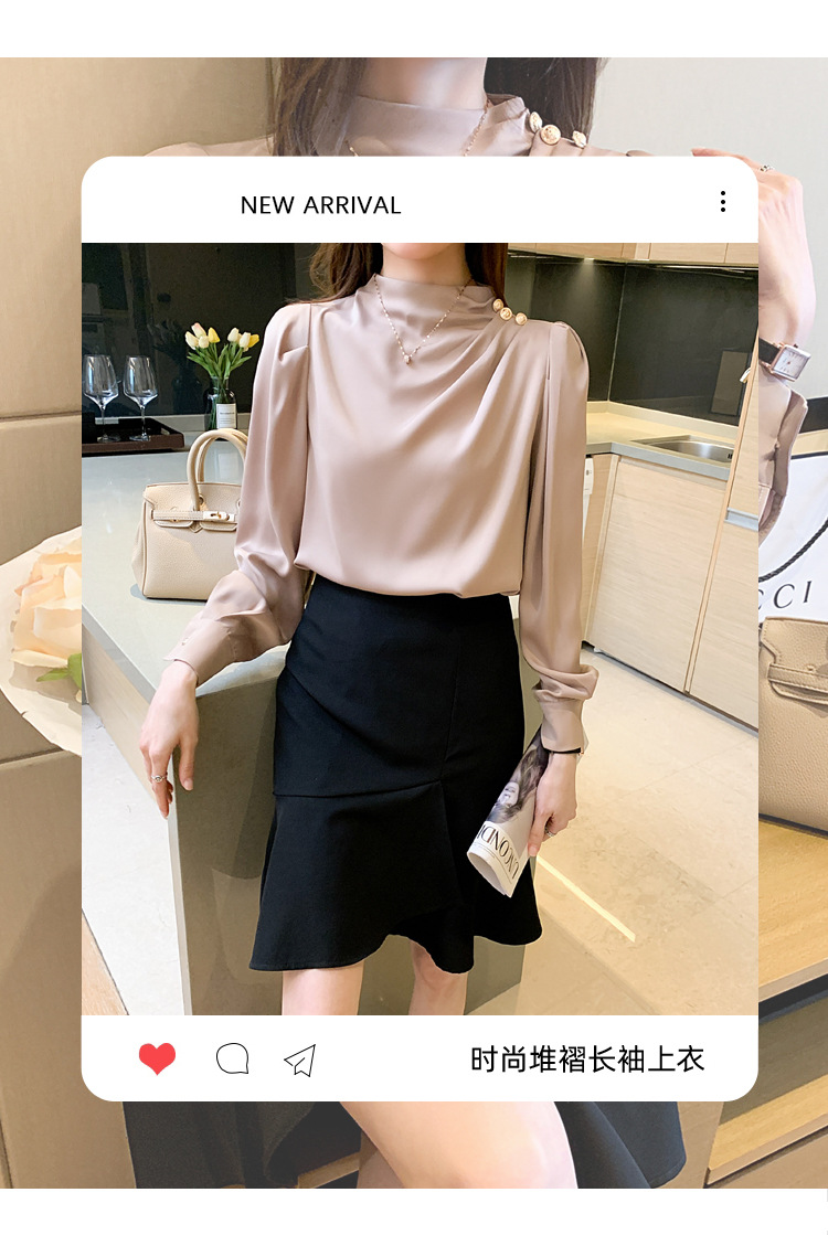 外贸供货2023轻熟气质立领褶皱灯笼袖时尚长袖上衣宽松女士衬衫详情3